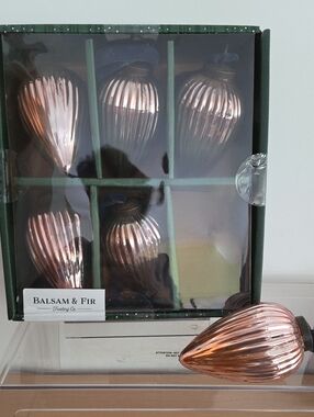 Balsam & Fir Glass Bronze Ribbed Teardrop Holiday Ornaments - Set of 6